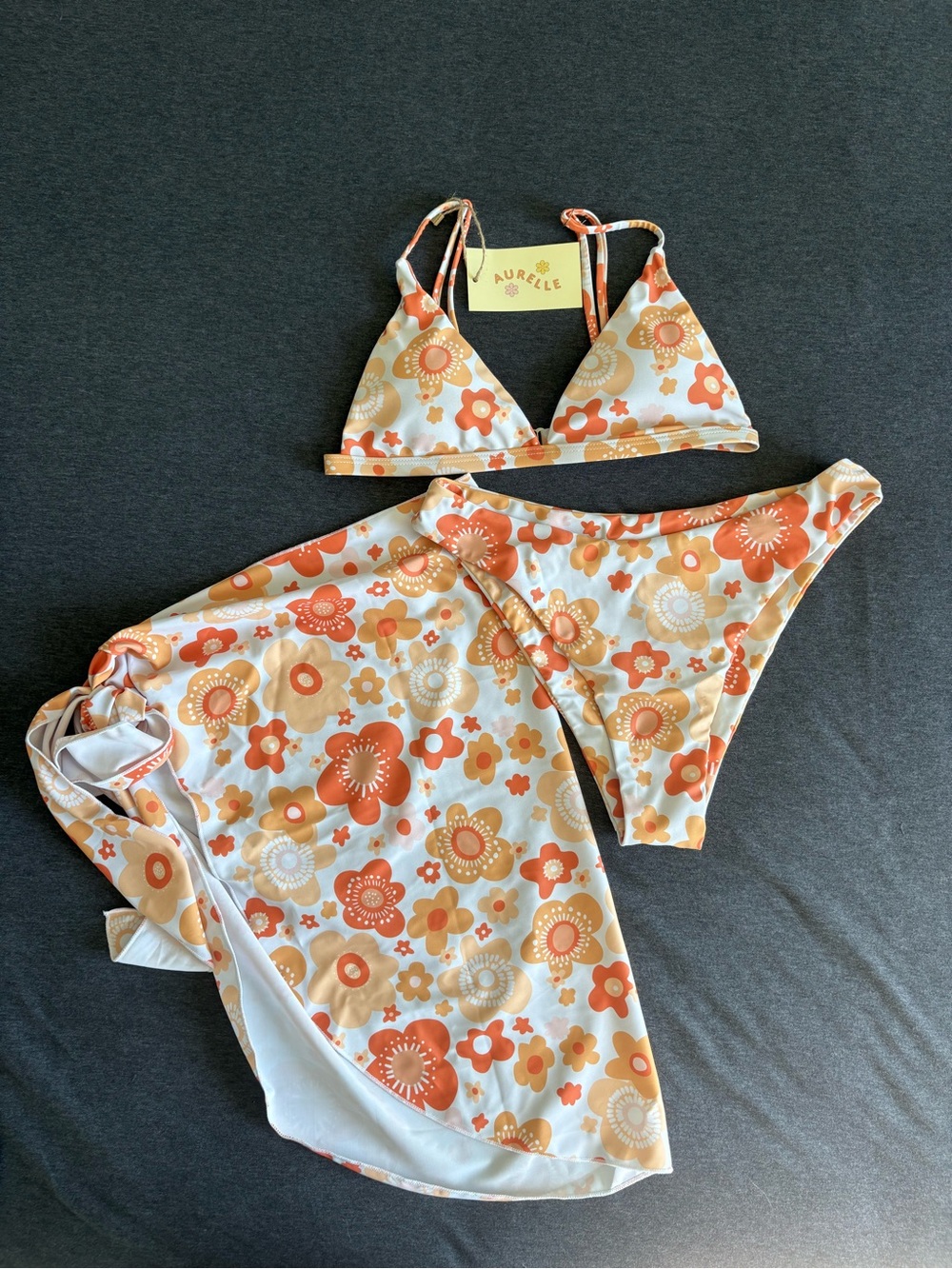 Aurelle Swim x McCall Mitchell Retro Floral 3-Piece Bikini Set with Sarong M